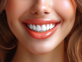 Obraz premium Closeup of a womans perfect smile with healthy white teeth and pink glossy lips