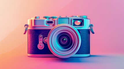 Retro-style camera with a large lens placed against a vibrant pastel gradient background,...