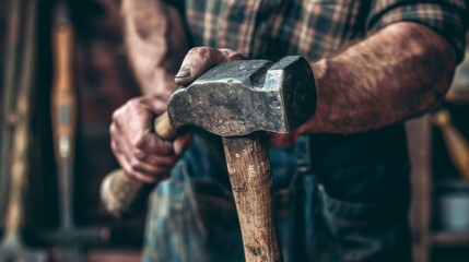 In this close-up photograph, a carpenter's calloused and dirty hands are gripping a sturdy hammer. The shot represents toil, perseverance, and skilled craftsmanship, with a workshop feel.