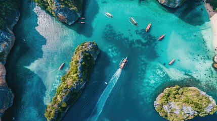 Aerial view of James Bond Island with boats