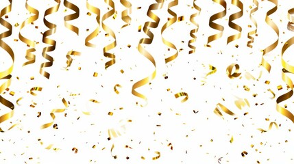 Golden streamers twirl gracefully against a white backdrop, creating a celebratory and festive atmosphere with sparkling confetti scattered around, perfect for party themes.