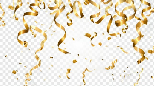 Golden confetti and streamers create a celebratory look on a transparent background, ready to be overlaid on various designs for festive occasions and joyful announcements.