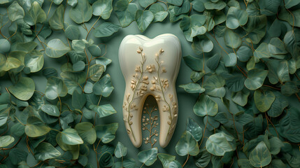 Artistic dental care concept with tooth surrounded by green leaves symbolizing natural and holistic dental health.