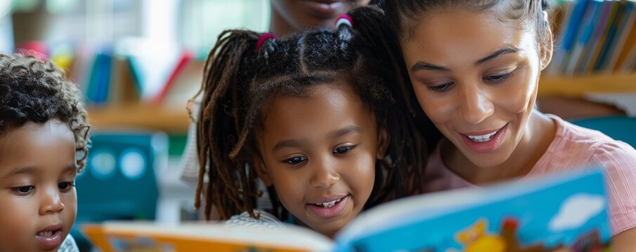 Teacher reading a book to a group of children, National Make a Difference to Children Month, education and nurturing