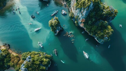 Aerial view of James Bond Island with boats
