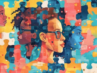 Autism awareness poster with diverse illustrations, National Autism Awareness Month, acceptance and knowledge