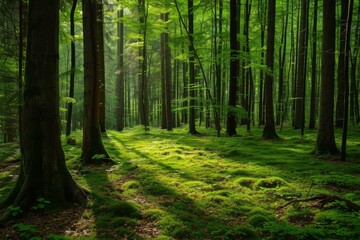 Fototapeta premium Tranquil Beautiful trees in forest at morning. Scene nature color beauty. Generate Ai