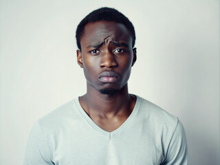 Obraz premium Young African man standing alone in a plain white background, looking confused and disappointed, with a mix of frustration and sadness on his facial expression.