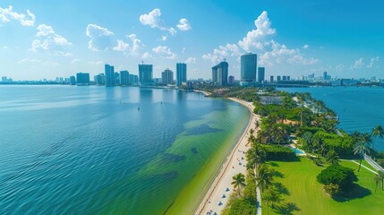 Aerial view of beautiful sandy shore and skyscrapers along Biscayne Bay