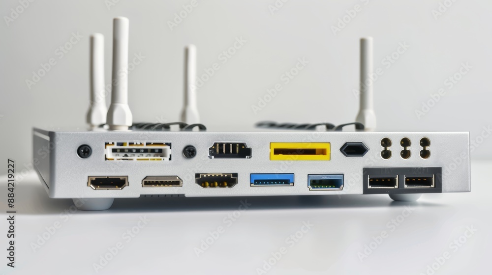 Poster modern router is standing on a white surface with its multiple ports showing, ready for internet con