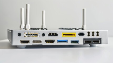 Modern router is standing on a white surface with its multiple ports showing, ready for internet connection