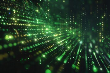 Obraz premium Dark background with green binary code flowing, tech feel, subtle reflections, high angle, modern digital style