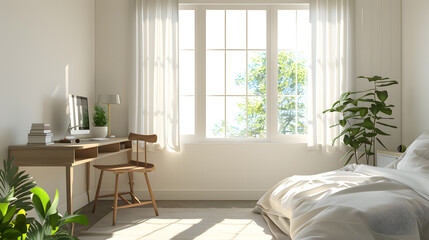 Fototapeta premium A room with a desk and a plant in front of a window