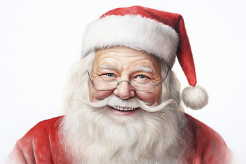 Naklejka premium Realistic portrait of Santa Claus with a warm smile, wearing traditional red suit and hat with white fur trim, isolated on a white background, perfect for Christmas and holiday themes.