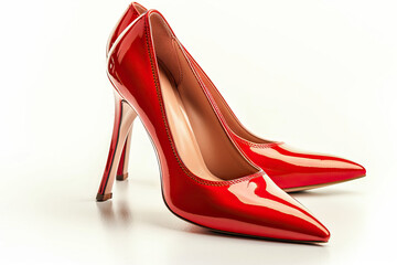 Pair of sleek and shiny red high heel shoes with pointed toes, isolated on a white background, symbolizing elegance, style, and fashion, perfect for showcasing women's footwear in a glamorous context.