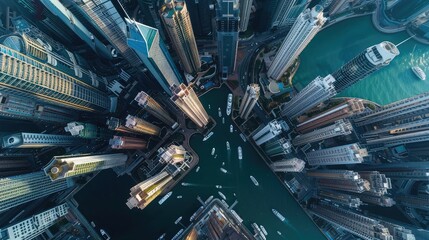 Aerial view of high skyscrapers and beautiful water