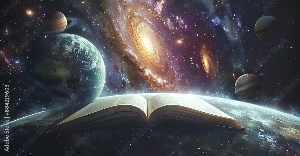 Wall mural illustration of an open book on the surface of the earth with an outer space background