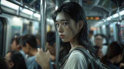 A young girl stands on a crowded subway car, holding onto a handrail. She is wearing a white shirt and a black backpack, looking toward the camera.