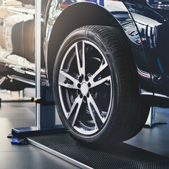 Alignment of car wheels in a car service. with copy space