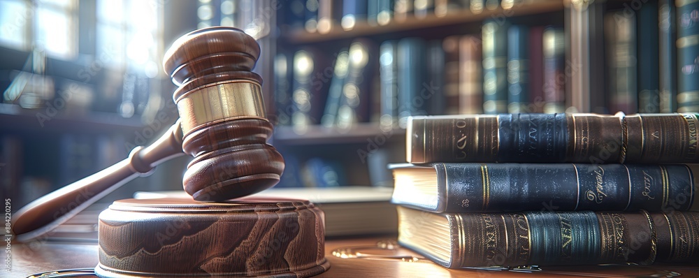 Poster a hammer of justice and several books on a table with a bookshelf in the background and a spotlight 