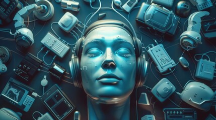 AI Head Surrounded by Technological Devices