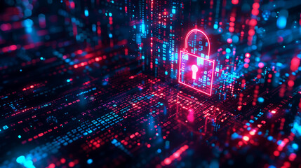 Obraz premium Digital Background with a Padlock Icon on Cyber Space Featuring Glowing Neon Lights, Emphasizing Security and Data Protection in a Red Color Theme.