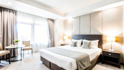 Fototapeta premium Hotel Room Blur - A softly blurred hotel room interior with a comfortable bed and amenities. 