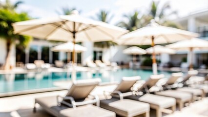 Resort Pool Blur - A blurred view of a resort pool area with lounge chairs and umbrellas.
