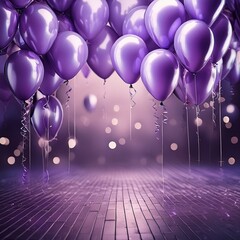 Purple balloons on a purple background with lights. Soft and shiny purple balloons background party. Realistic 3D illustration. Generative AI 
