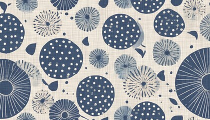 Seamless french farmhouse dotty linen pattern. Provence blue white woven texture. Shabby chic style decorative circle dot fabric background. Textile rustic all over print. with copy space