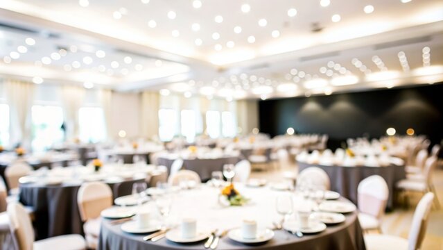 Banquet Hall Blur - A softly blurred banquet hall setting with tables set for an event.
