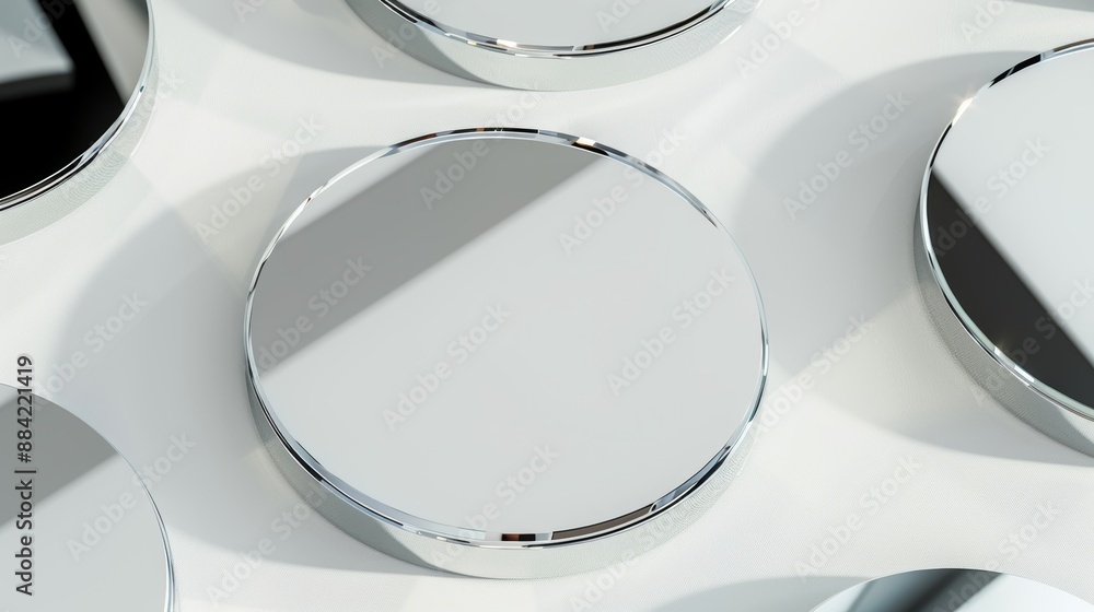 Aufkleber 3d render of empty round podiums forming grid pattern on white background, they are reflecting light