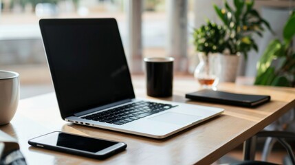 Modern Laptop and Smartphone on Wooden Table.
