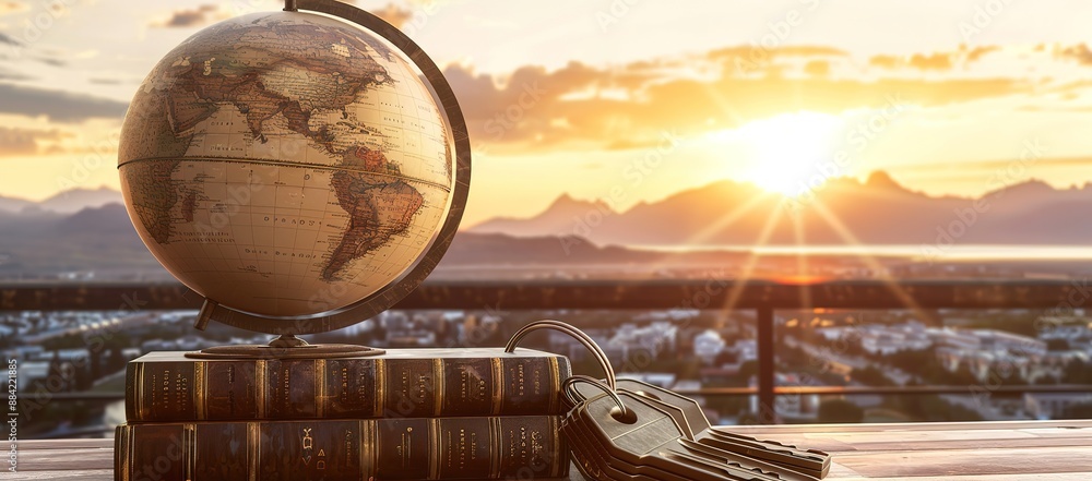 Poster an artificial globe on top of a pile of books and keys on a rooftop table with a beautiful sunset in