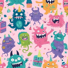 Cute and colorful monsters having a birthday party