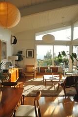 Fototapeta premium Mid-century modern interior, living space, livingroom