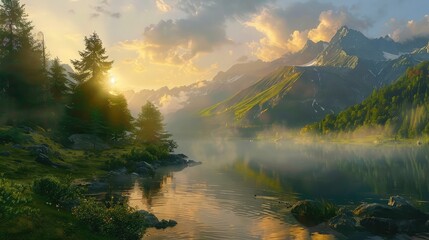 Alpine mountain lake at sunrise