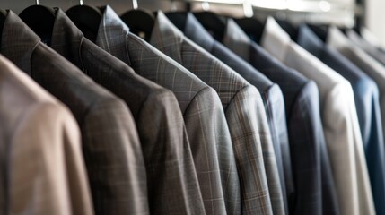 Men's suits on display in a retail store, showcasing the latest styles for the modern businessman