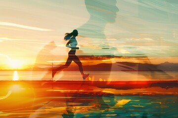 Silhouette of a Runner at Sunset, Double Exposure with Abstract Elements