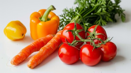 Freshly picked vibrant vegetables on white surface, perfect for vegetarian or vegan diets. Rich in vitamins and nutrients, ideal for food projects