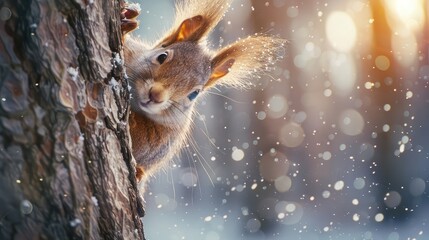 Amazing card with funny fluffy squirrel on a tree on a beautiful magical background.The face of a squirrel with tufted ears and black eyes close-up. Wild animals in winter or springtime in forest