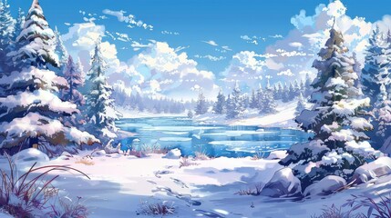 Anime winter landscape with snowcovered trees and a frozen lake, Anime style, Winter backdrop