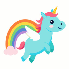 Picture of a blue unicorn flying against a rainbow backdrop