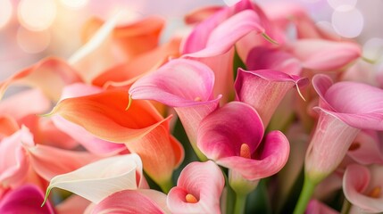   Close-up of pink and white calla lilies with a soft background light