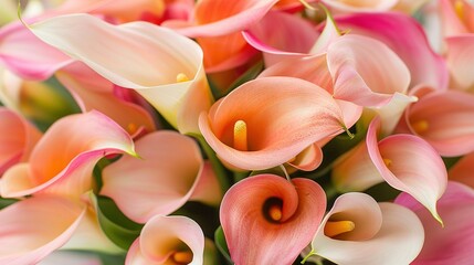   A close-up of a bouquet of pink and white calla lilies with a green stem at its center