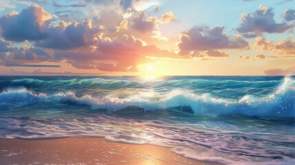Fototapeta premium Enhance the beauty of this beach sunset with vibrant colors and realistic details. Make the waves look soft and gentle, and add a warm glow to the sand.