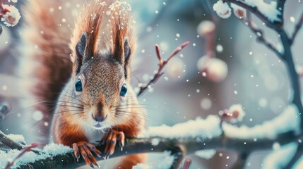 Amazing card with funny fluffy squirrel on a tree on a beautiful magical background.The face of a squirrel with tufted ears and black eyes close-up. Wild animals in winter or springtime in forest