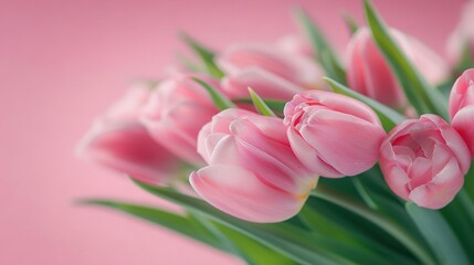   Pink tulips in a vase on a pink background with a pink wall behind