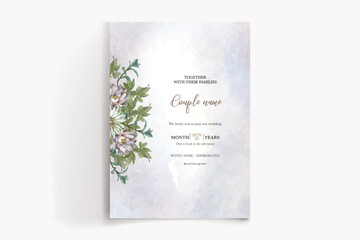 WEDDING INVITATION FRAME WITH FLOWER DECORATIONS AND FRESH LEAVES