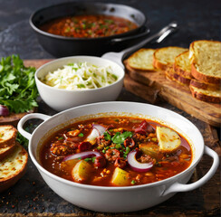 Hearty Beef and Bean Chili with Potatoes and Fresh Toppings